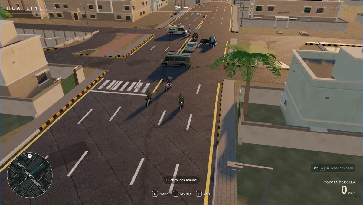 Overhead view of a street intersection in the game with traffic, motorcycles and a minimap