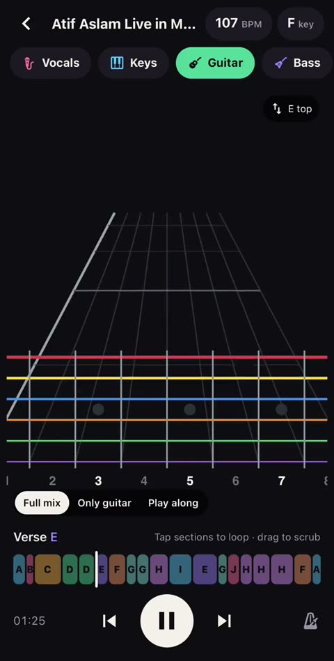 Moseekhi guitar view: a 3D fretboard highway with coloured strings