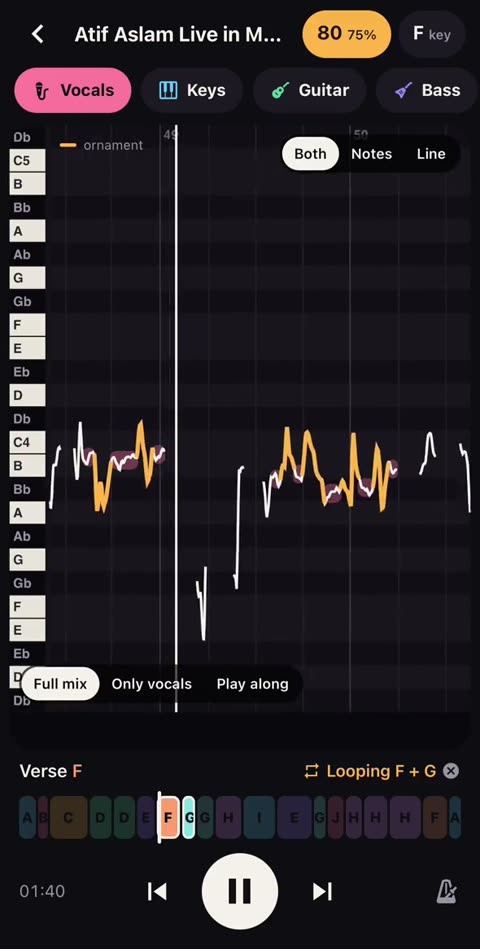 Moseekhi vocal view: pitch contour over a piano-key axis, with a song map of sections below